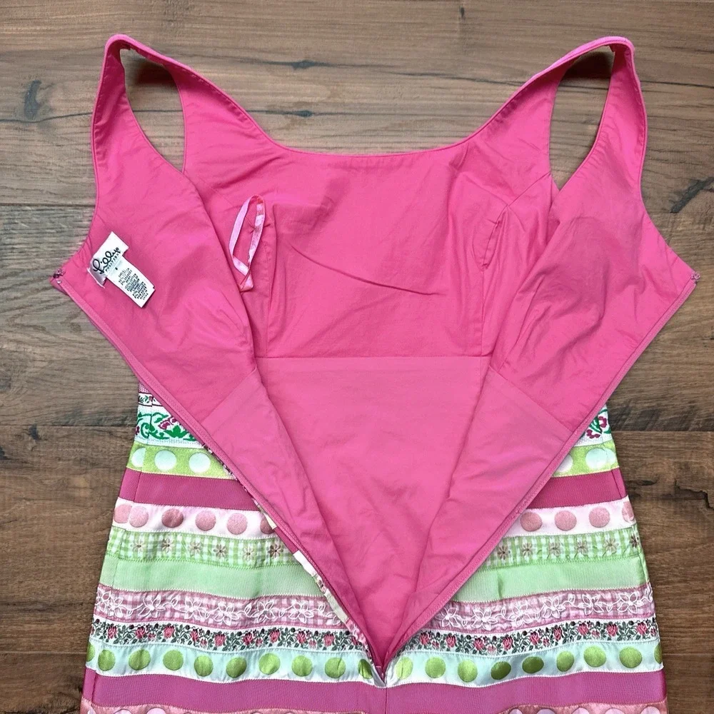 Vtg 80s Lilly Pulitzer Ribbon Striped Dress 6 Pink Embroidered Vacation Cottage - Picture 4 of 7